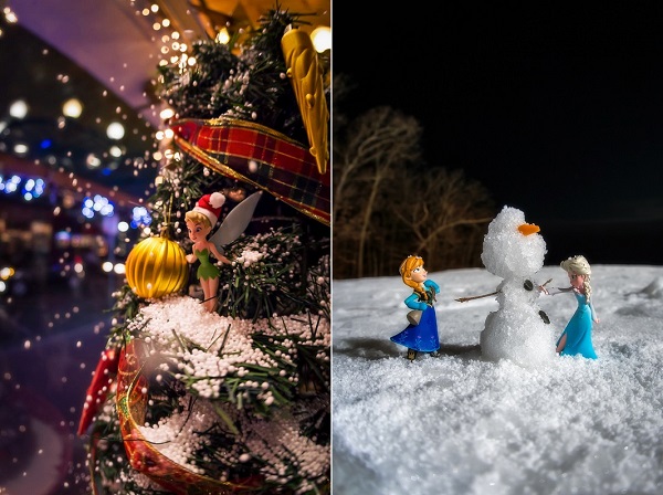 Tinkerbell verzaubert fröhlich einen Weihnachtsbaum und Anna und Elsa aus "Die Eiskönigin: Völlig Unverfroren" bauen einen Schneemann.